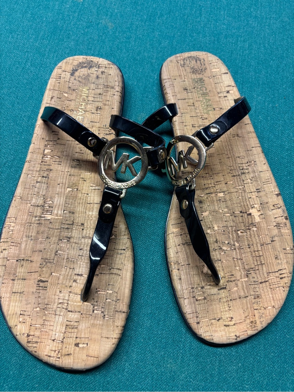 Michael Kors Black Patent Thong Sandals with Gold MK Medallions